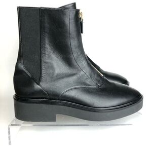 Stuart Weitzman Lodge Zip Front Black Leather Combat Boots Sz 6
